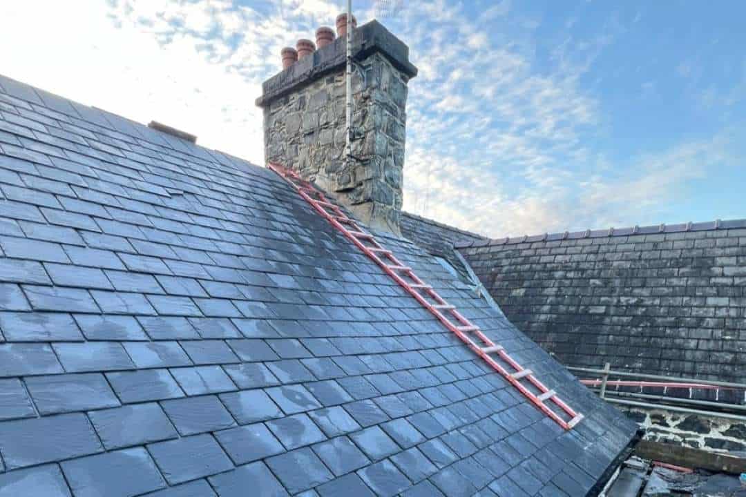 A full roof restoration in progress in Llanrwst A full roof restoration in progress in Llanrwst, North Wales